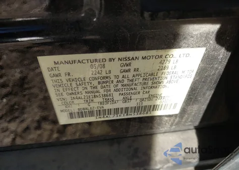 2008 Nissan Altima 2.5 S from USA, damaged, VIN 1N4AL21E18N538681